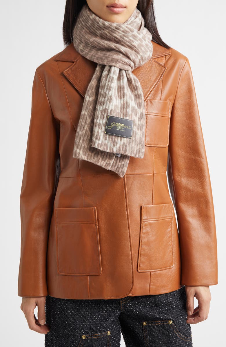 Ganni Leopard Wool Blend Knit Scarf, Main, color, Leopard