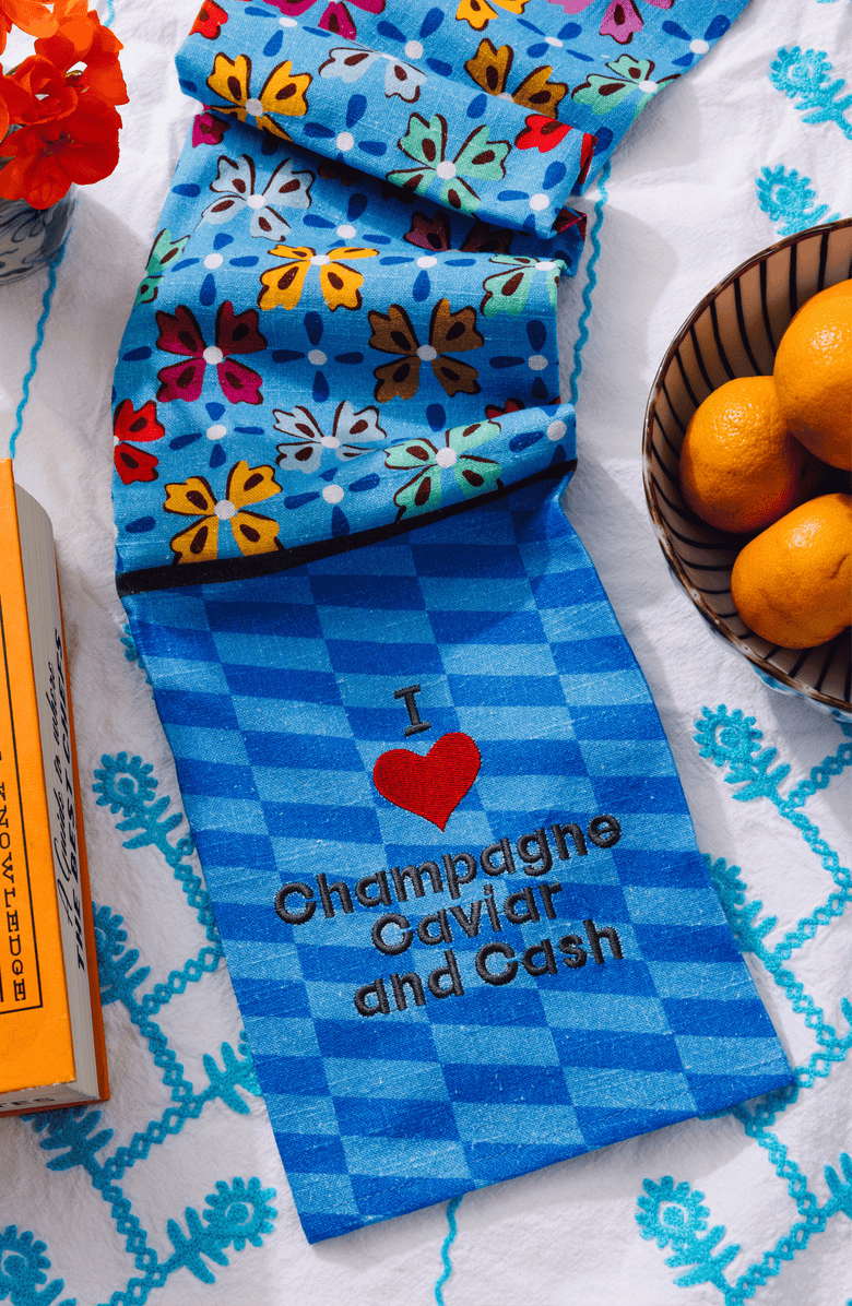 Furbish I Love Champagne Caviar and Cash Dish Towel, Alternate, color, Blue