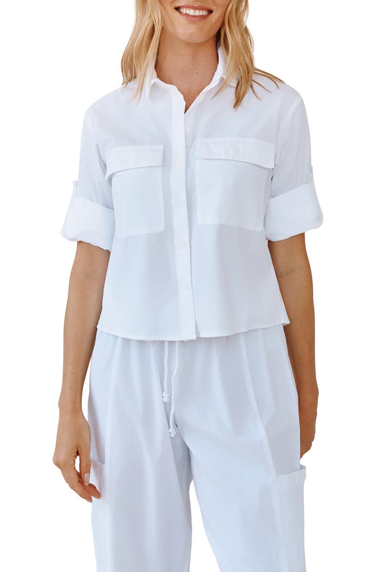 Short Sleeve Crop Utility Button-Up Shirt, Main, color, WHITE