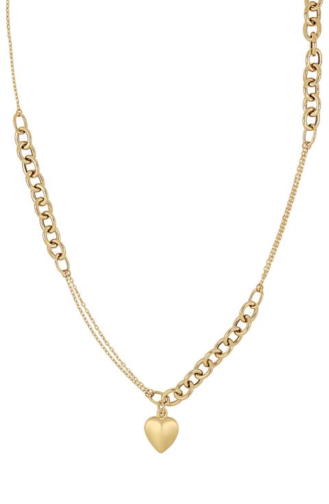 14k Gold Heart Pendant Mixed Link Necklace