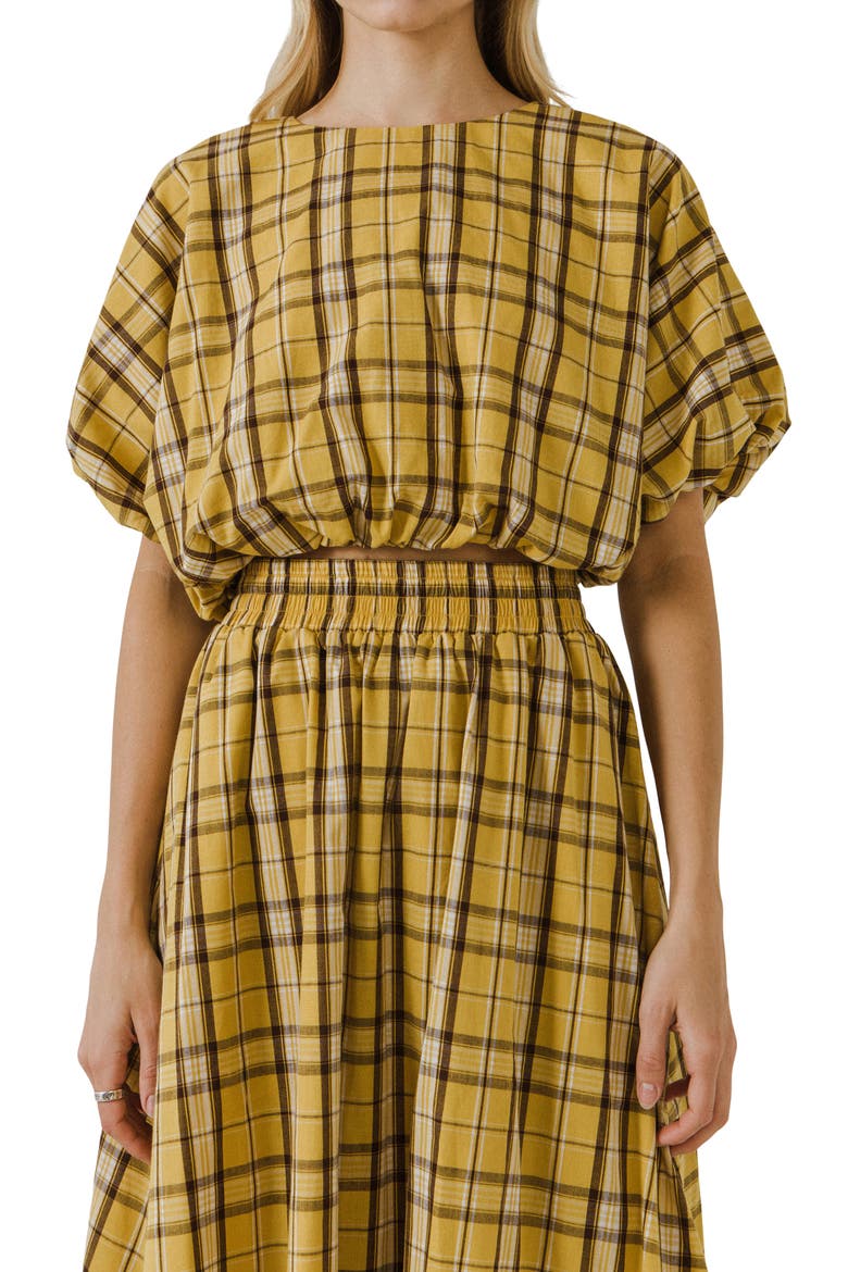 Plaid Puff Sleeve Crop Top, Alternate, color, YELLOW MULTI