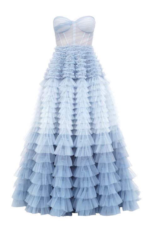 Light Blue Strapless Frill-Layered Fluffy Dress