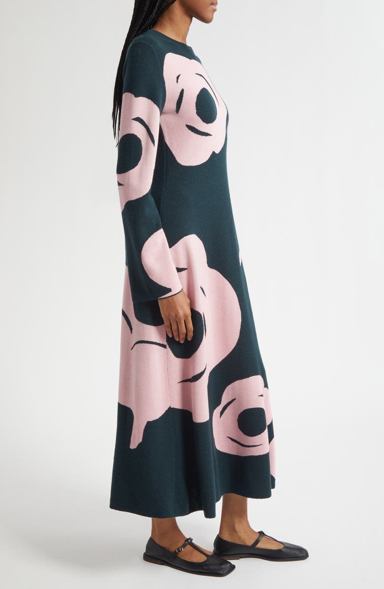 Marimekko Leikkuu Tumma Floral Long Sleeve Sweater Dress, Alternate, color, Dark Green, Light Pink
