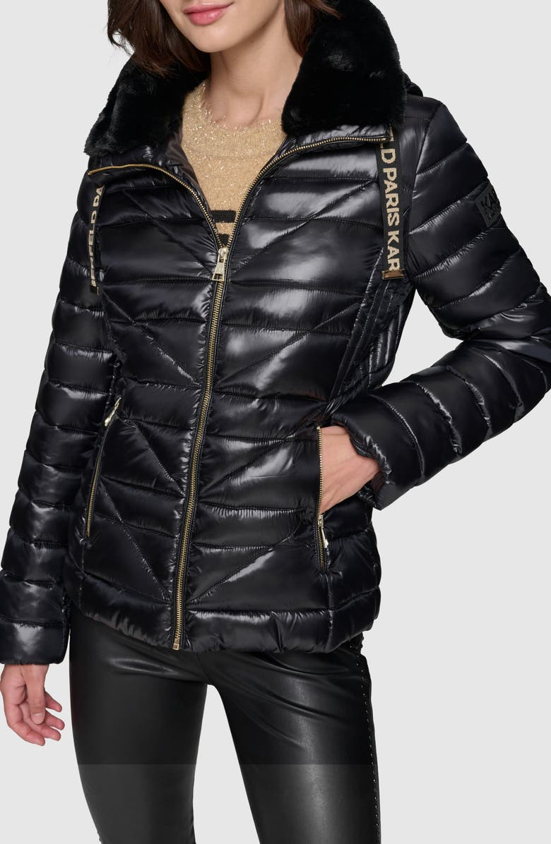 KARL LAGERFELD PARIS Faux Fur Collar Quilted Puffer Jacket, Alternate, color, 