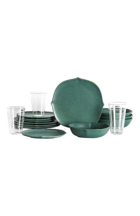 Baskerville Stoneware 16-Piece Dinnerware Set, Includes Glassware