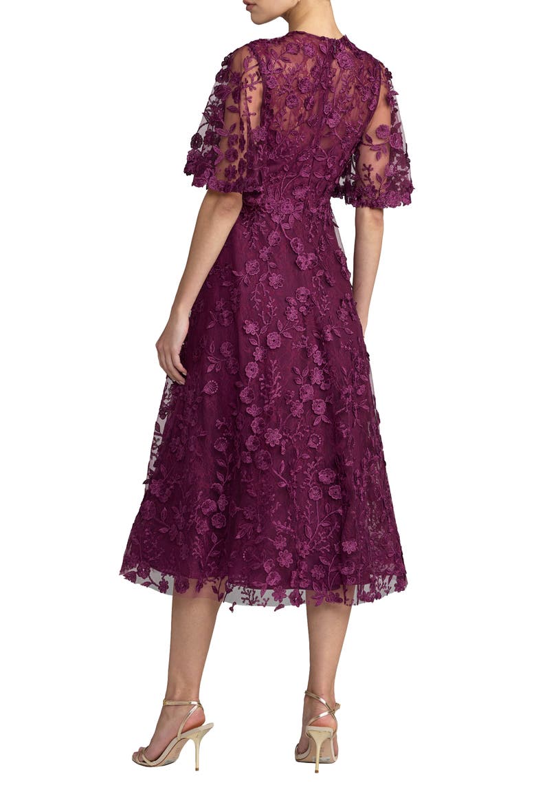 Petite Flutter Sleeve Floral Emboridered Midi Dress, Alternate, color, Aubergine