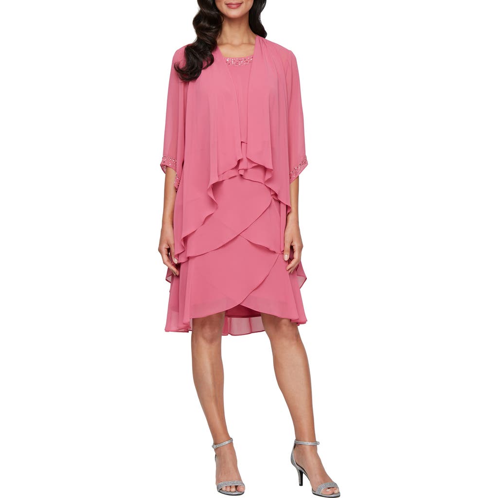 Sl Fashions Beaded Tiered Chiffon Cocktail Dress With Jacket In Rose