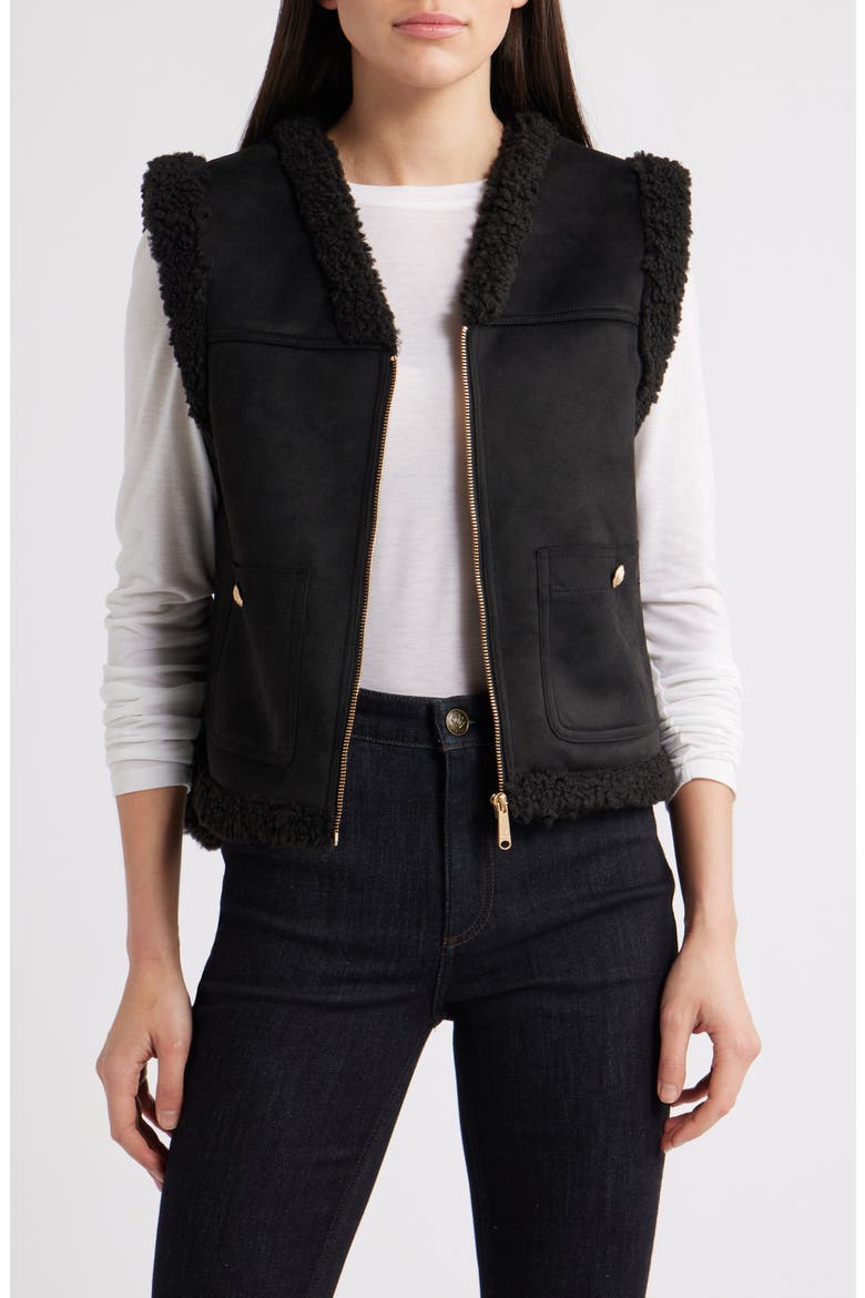 Faux Suede & Faux Shearling Vest, Alternate, color, BLACK/ BLACK