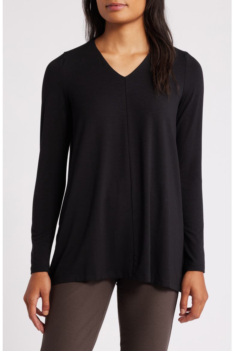 Long Sleeve V-Neck Tunic Top, Main, color, BLACK
