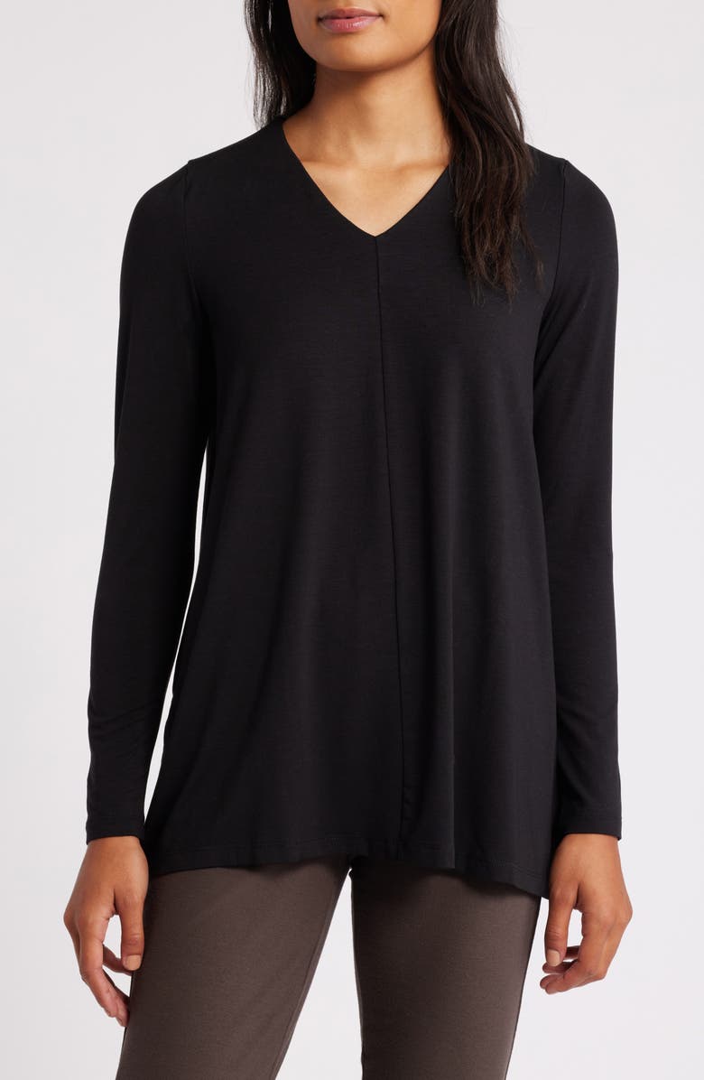 Eileen Fisher Long Sleeve V-Neck Tunic Top, Main, color, Black