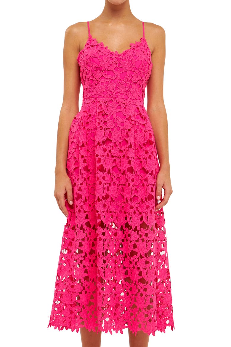 Lace Spaghetti Strap Midi Dress, Alternate, color, FUCHSIA
