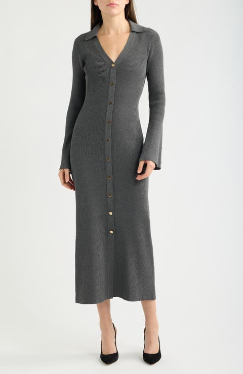 Collar Long Sleeve Rib Maxi Sweater Dress