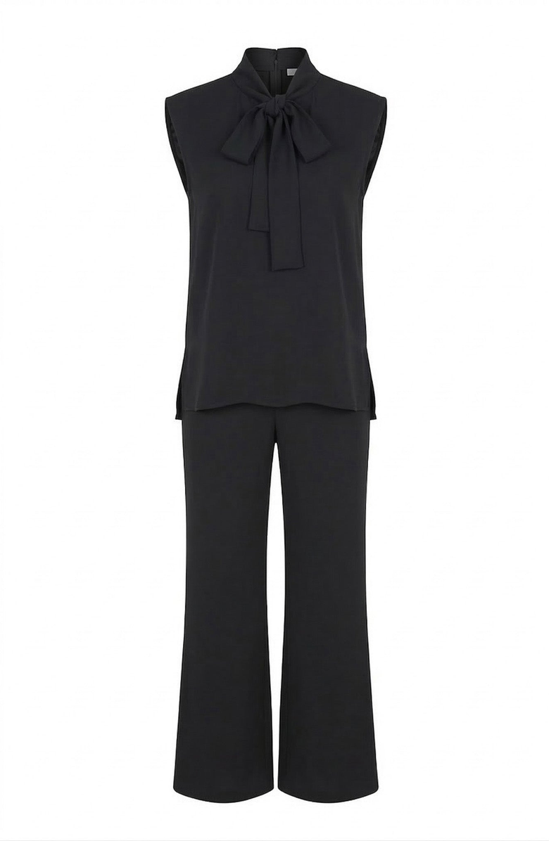 Modenaire Sleeveless Tie Neck Blouse and Wide Leg Pant Set, Alternate, color, Black