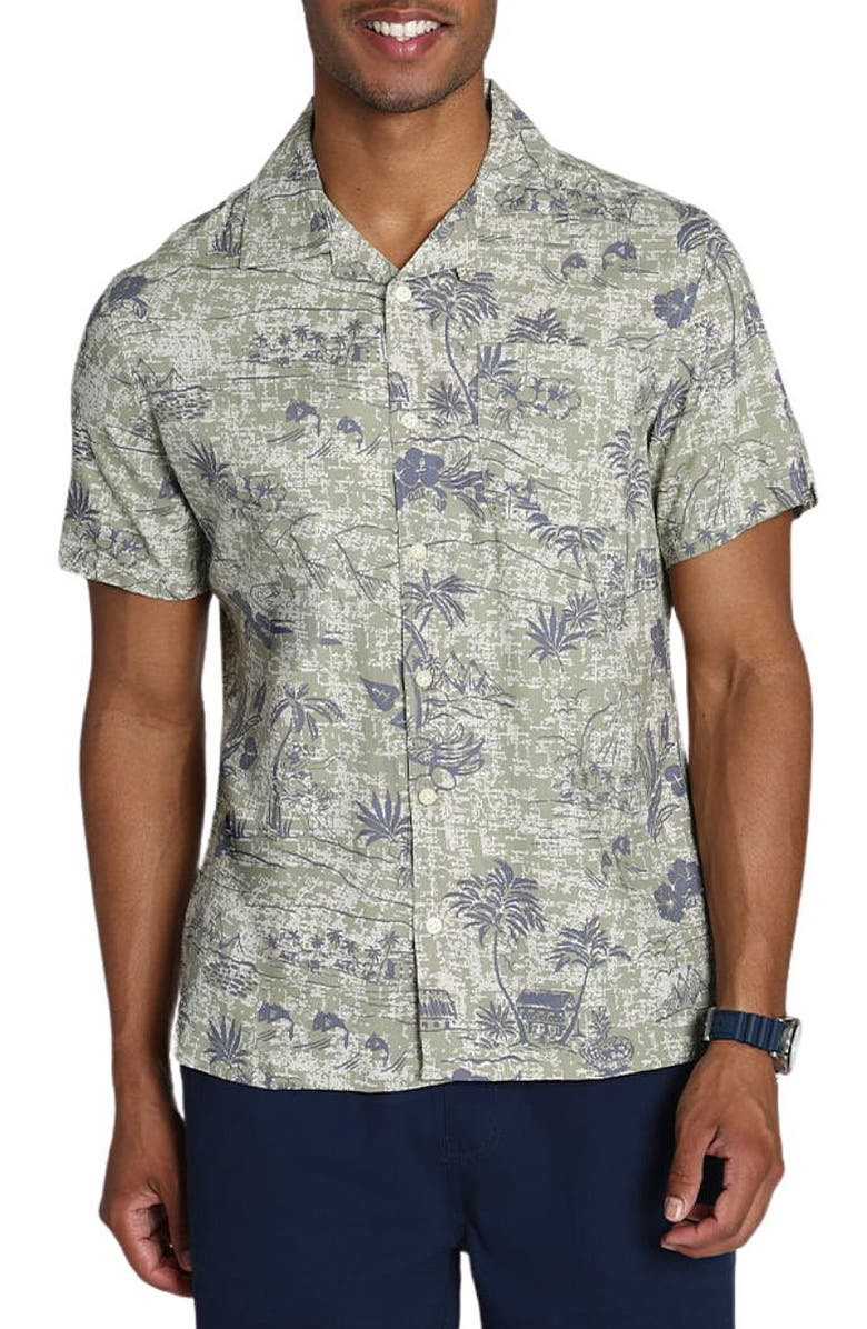 JACHS Island Print Short Sleeve Button-Up Shirt, Main, color, Tan