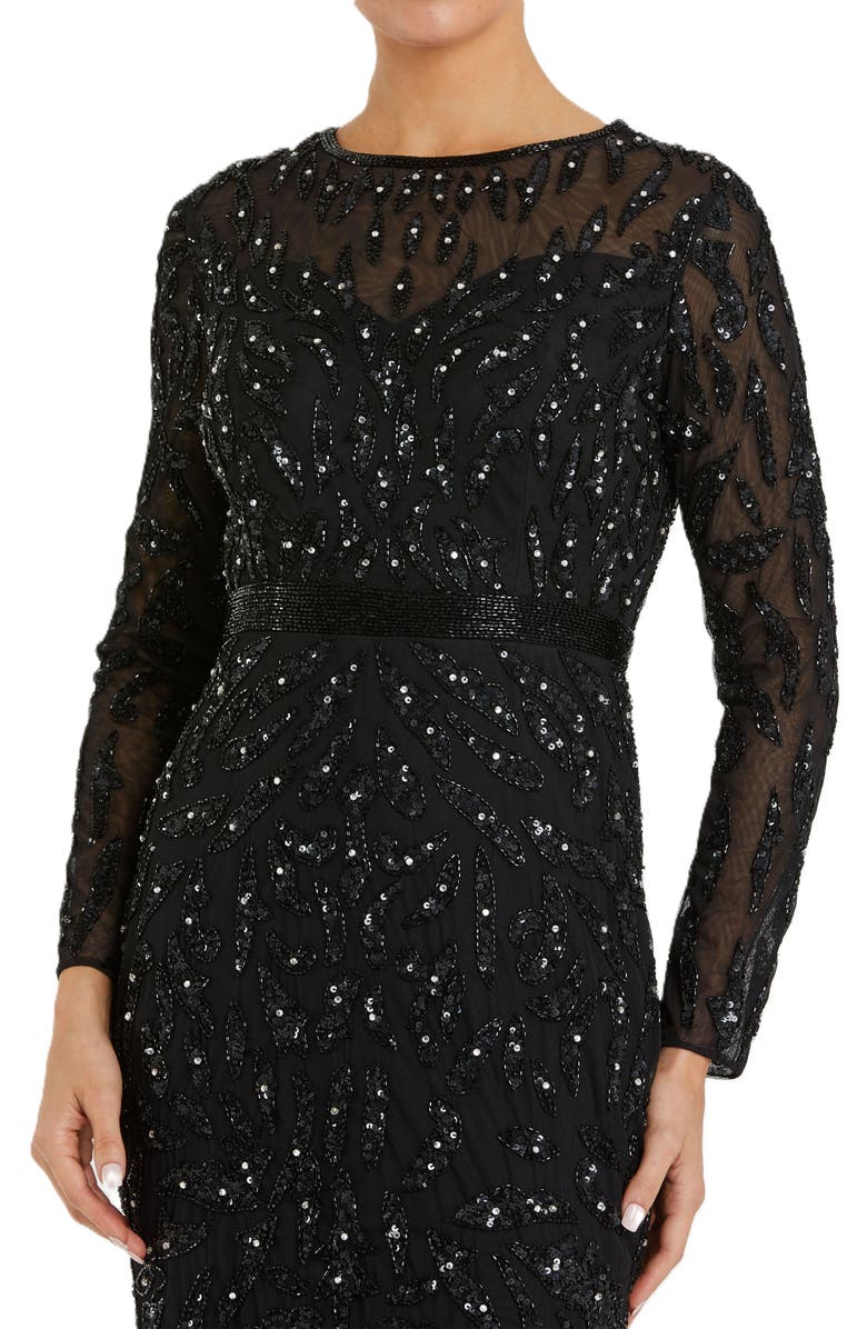 Mac Duggal Abstract Beaded Long Sleeve Evening Gown, Alternate, color, Black