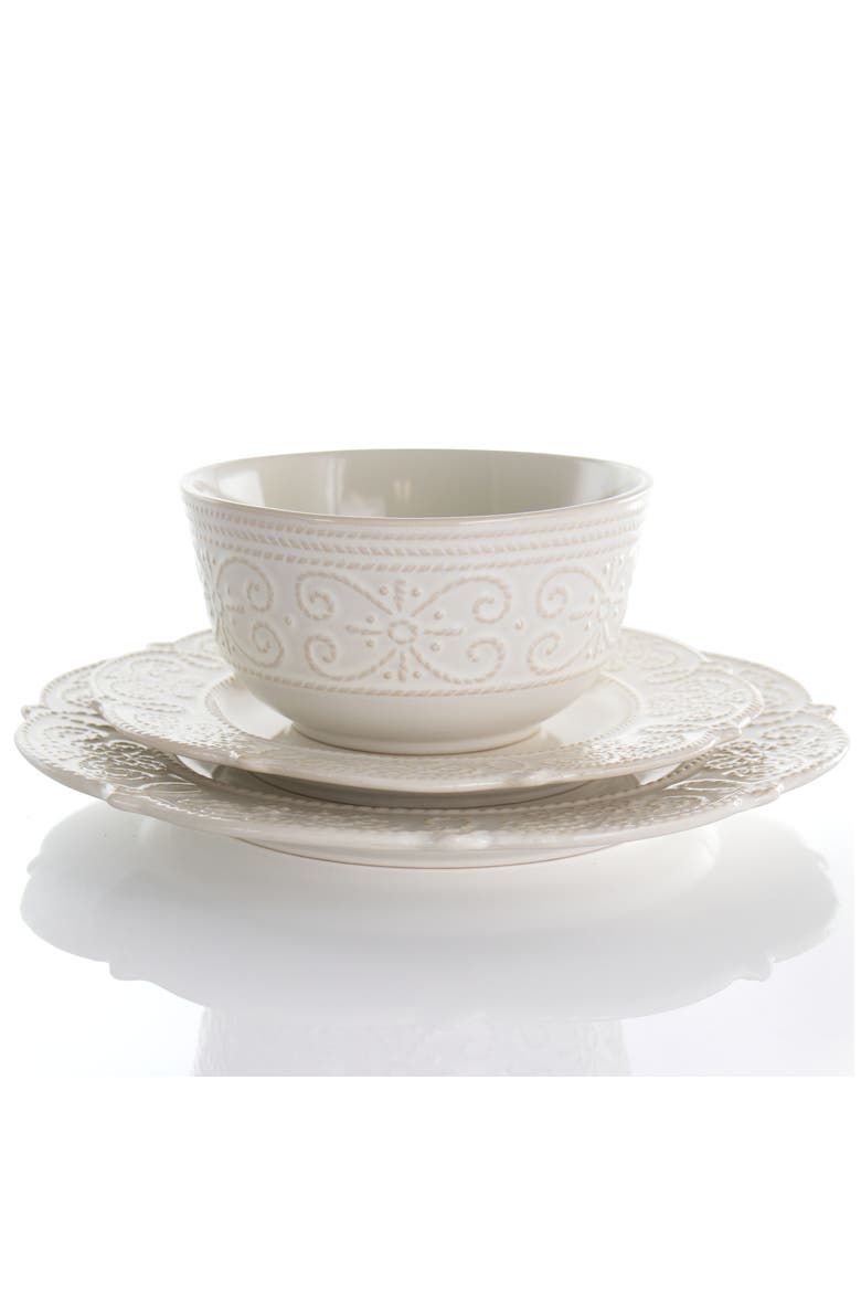 Luna 16 Piece Scalloped Stoneware Dinnerware Set, Alternate, color, White