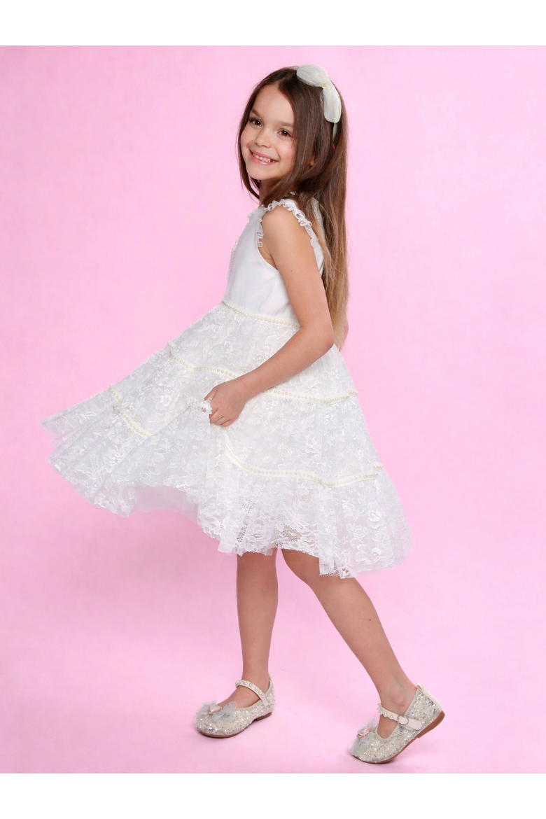 Sweet Lace Pearl & Bow Tiered Dress, Alternate, color, White