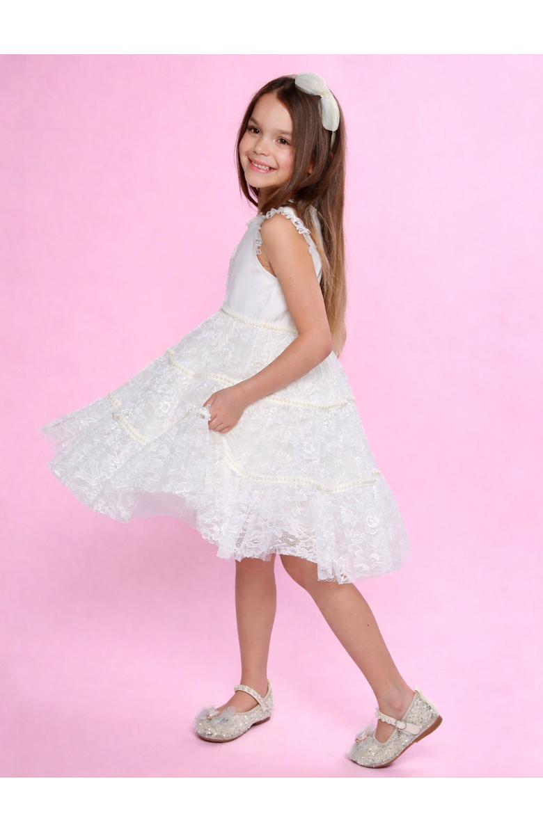 Mia Belle Girls Sweet Lace Pearl & Bow Tiered Dress, Alternate, color, White