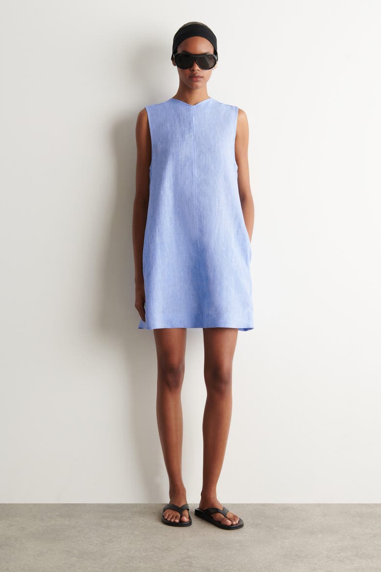 V-neck Open-back Linen Mini Dress, Main, color, LIGHT BLUE