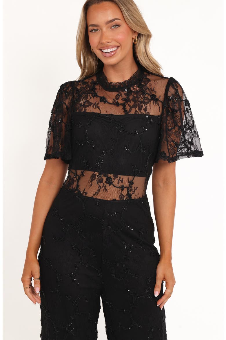 Zina Sequin & Lace Jumpsuit, Alternate, color, BLACK