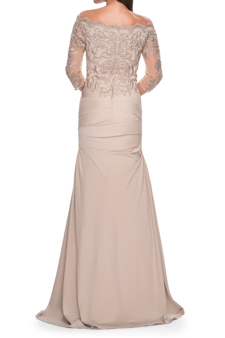 Satin Mermaid Gown with Off the Shoulder Lace Bodice, Alternate, color, Light Gold
