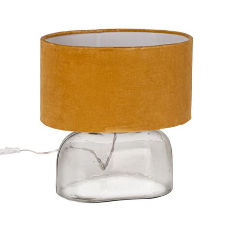 Modern Table Lamp with Glass Base and Velvet Shade, Mustard Yellow