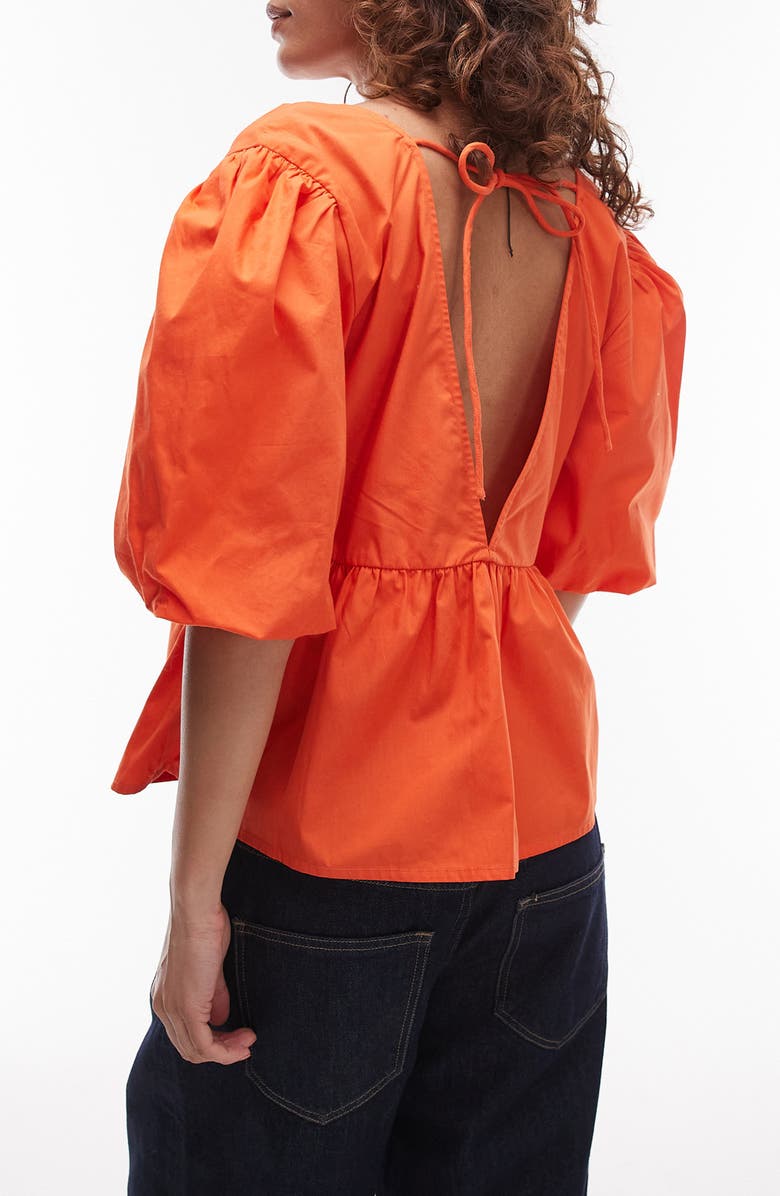 Topshop Cotton Poplin Puff Sleeve Top, Alternate, color, Orange