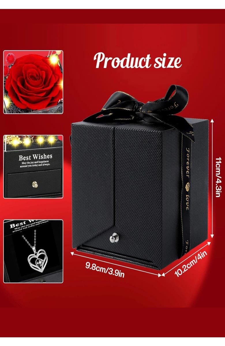 Lovery Preserved Red Rose with LED Lights & Double Heart Necklace - "I Love You" in 100 Languages, Alternate, color, Black, Red