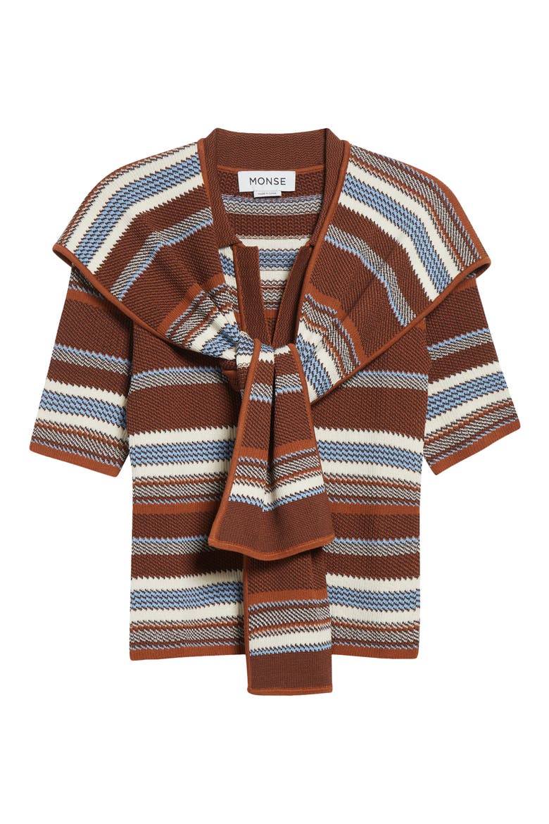 Tie Scarf Overlay Stripe Short Sleeve Sweater, Alternate, color, BROWN MULTI