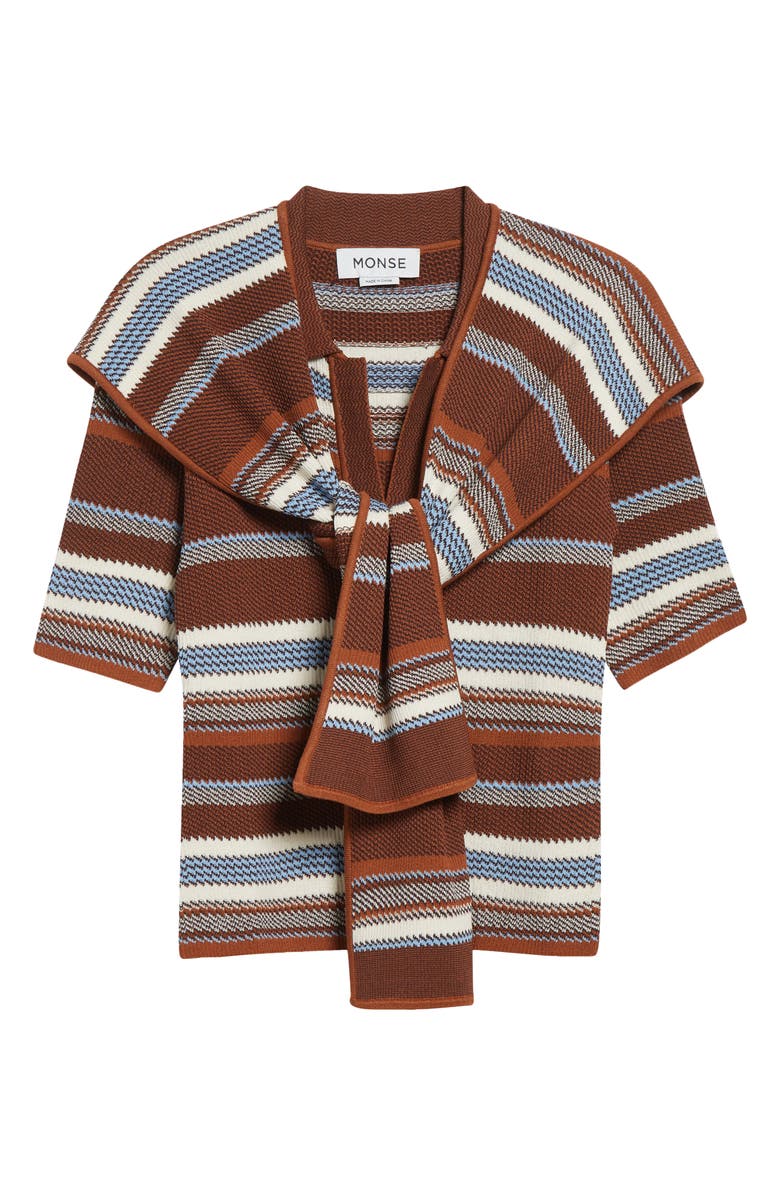 MONSE Tie Scarf Overlay Stripe Short Sleeve Sweater, Alternate, color, Brown Multi