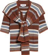 MONSE Tie Scarf Overlay Stripe Short Sleeve Sweater