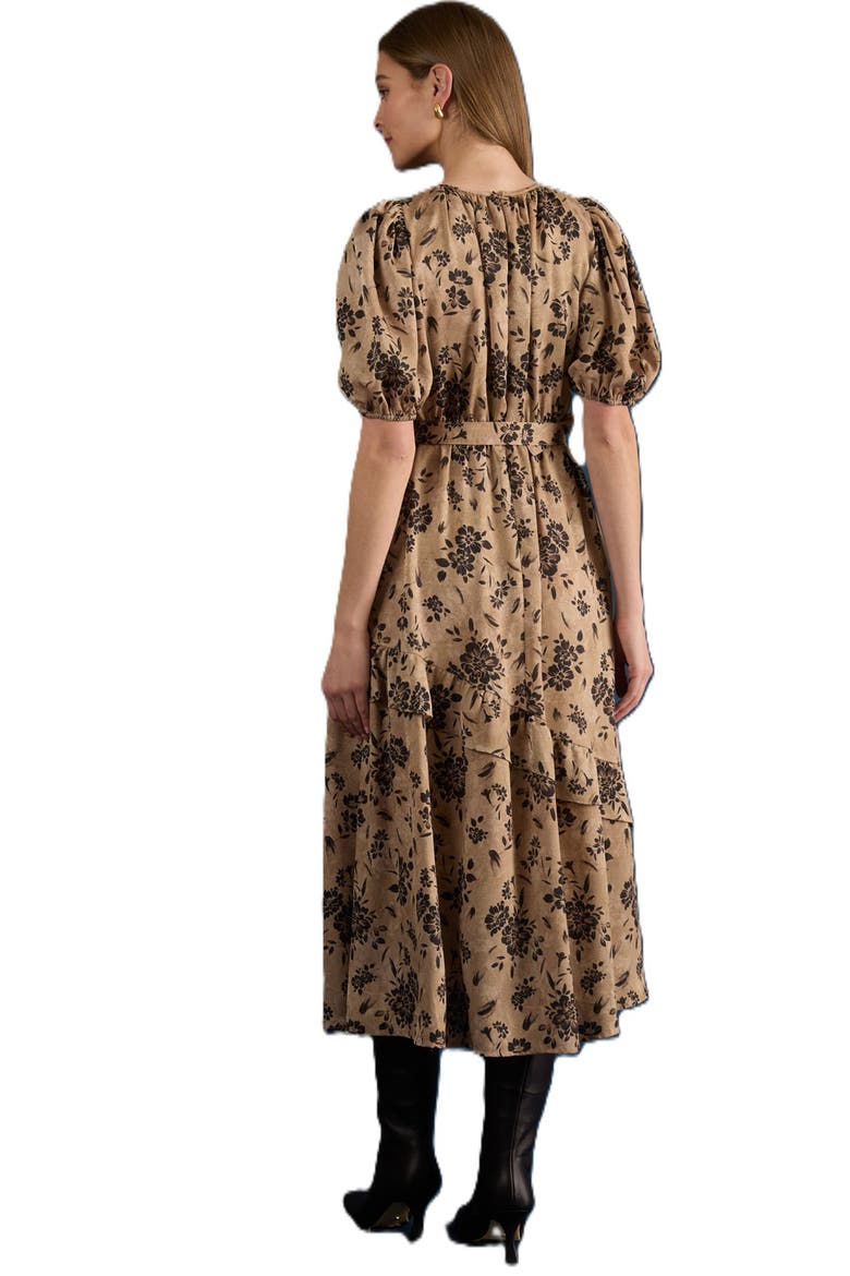 Belted Puff Sleeve Midi Dress, Alternate, color, BROWN
