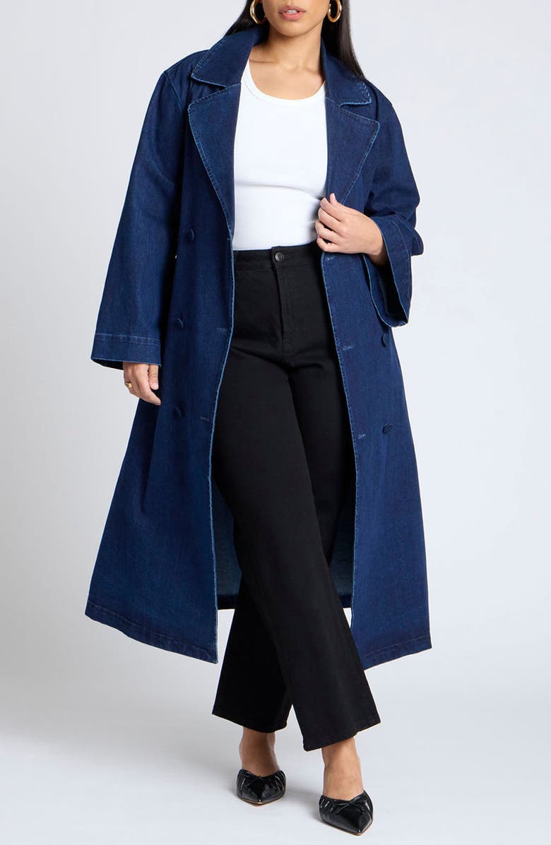 ELOQUII Belted Denim Trench Coat, Main, color,