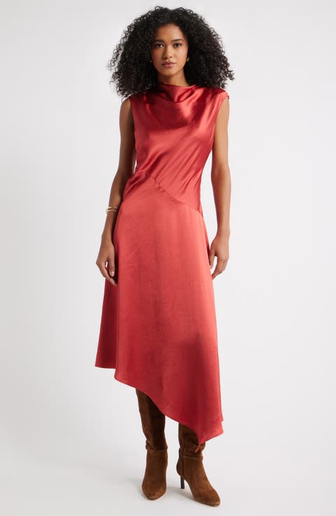 Cowl Neck Asymmetric Satin Midi Dress