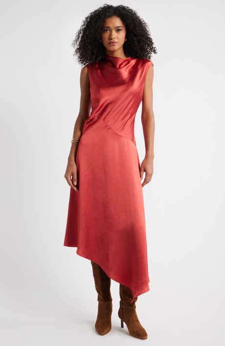 Open Edit Cowl Neck Asymmetric Satin Midi Dress