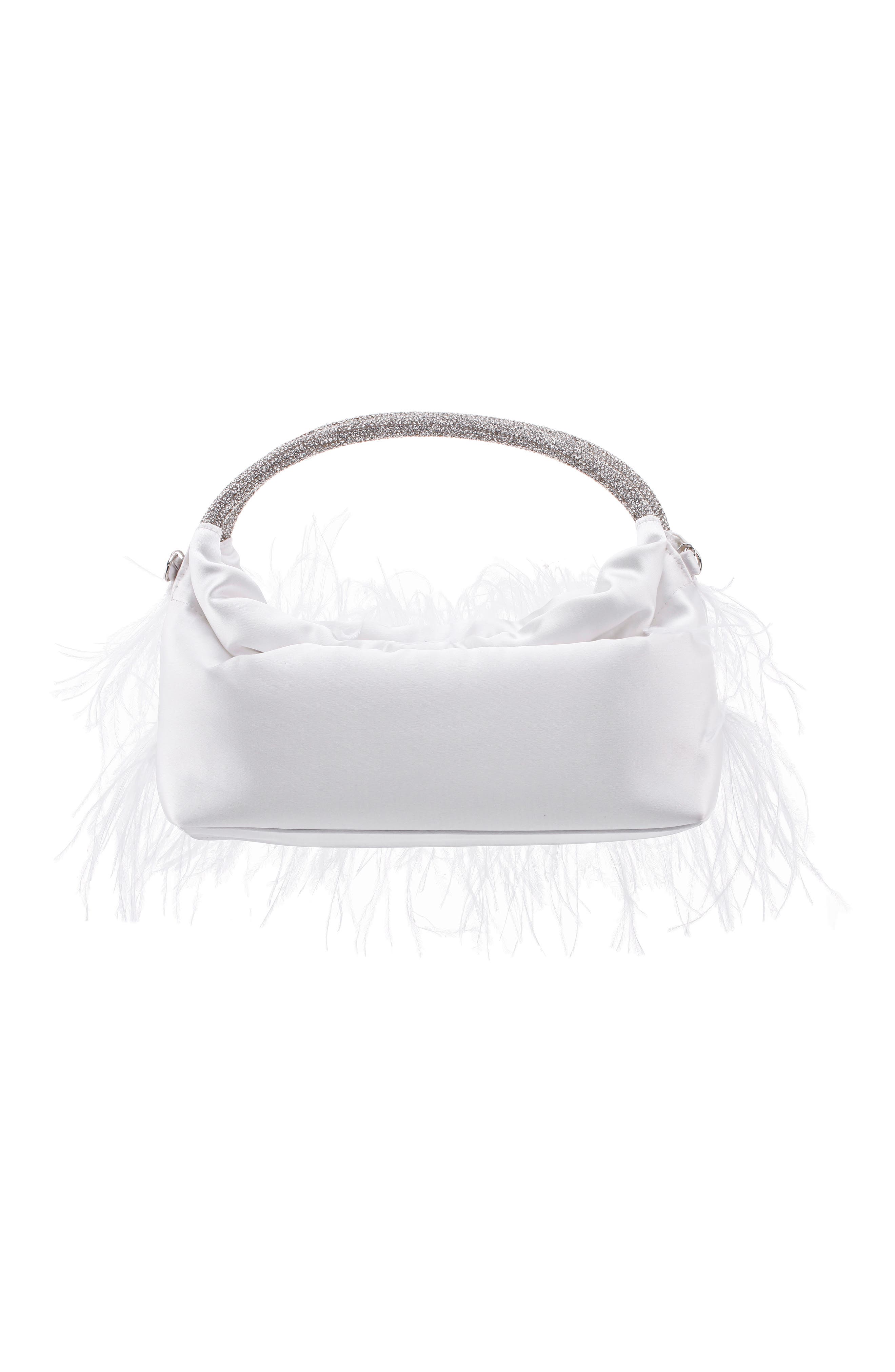 Crystal Handle Feather Clutch, Alternate, color, WHITE