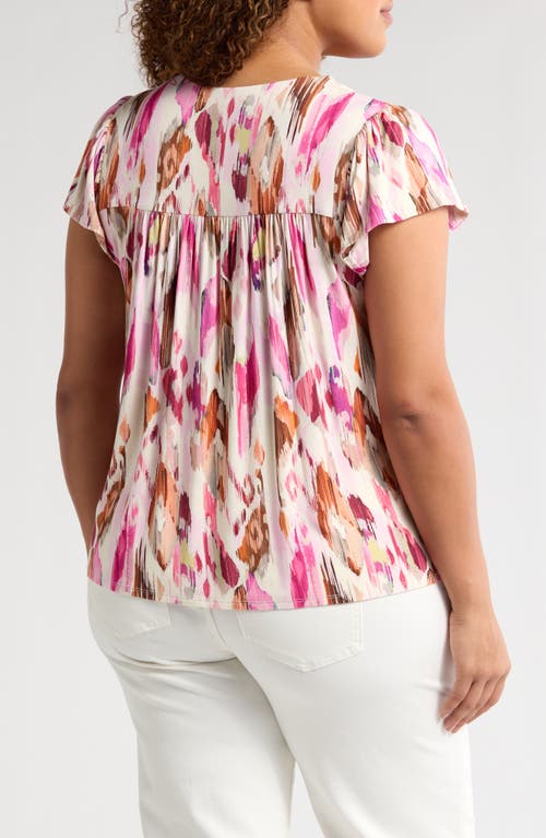 Liverpool Los Angeles Flutter Sleeve Knit Button-up Shirt In Pink Printed Ikat
