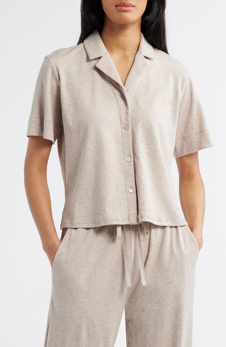 EILEEN FISHER SLEEP Notch Collar Short Sleeve Organic Cotton Pajama Top, Main, color, Wheat