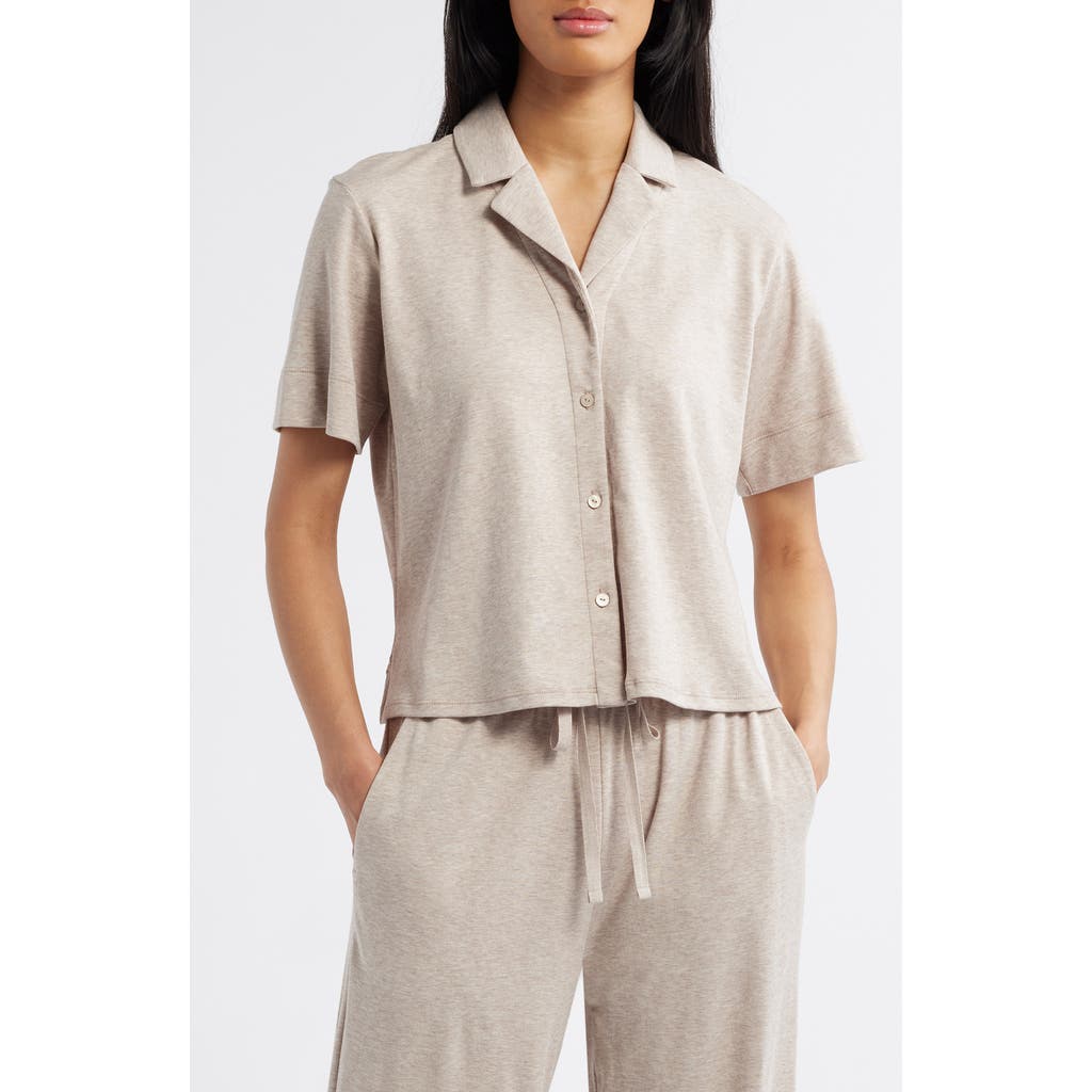 EILEEN FISHER SLEEP Notch Collar Short Sleeve Organic Cotton Pajama Top in Wheat