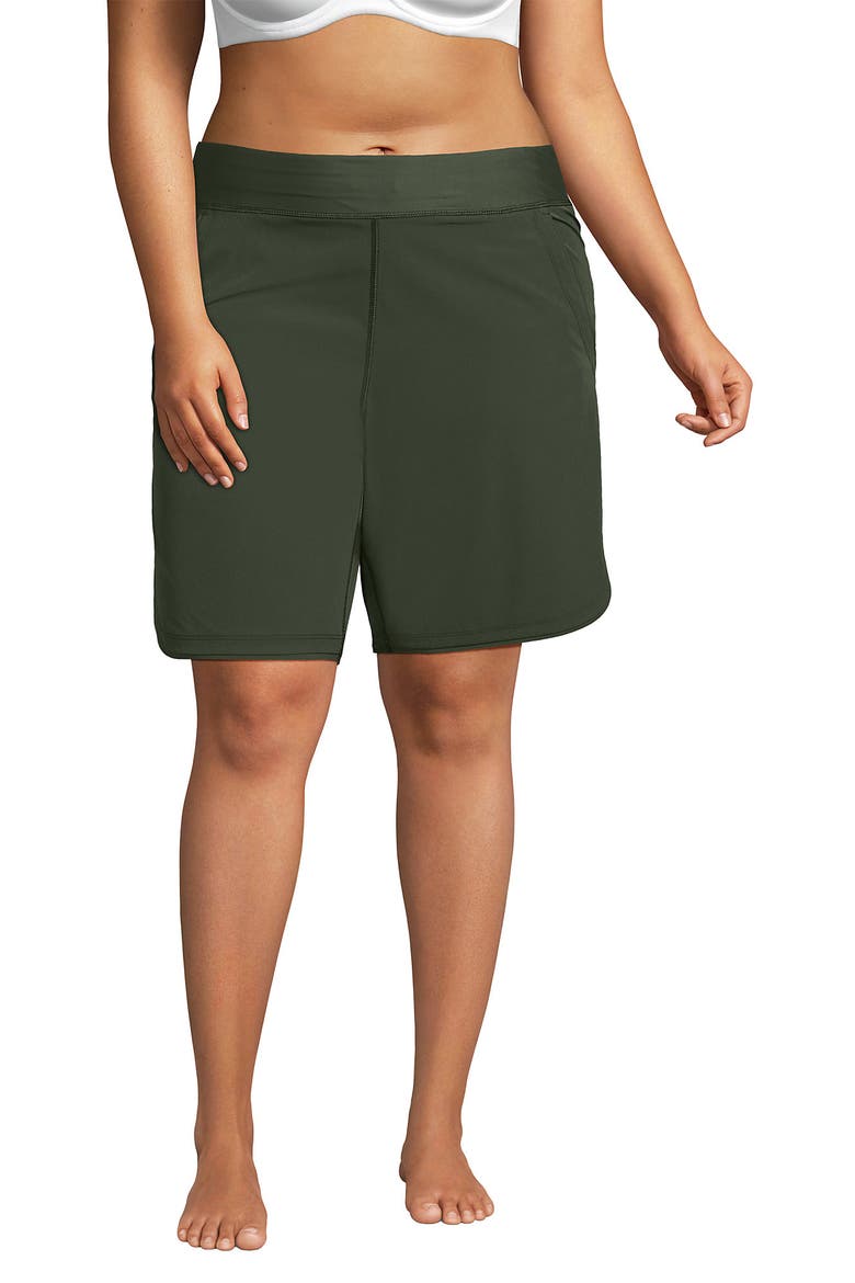9" Quick Dry Elastic Waist Modest Board Shorts Swim Cover-up Shorts with Panty, Main, color, Rich Olive Green