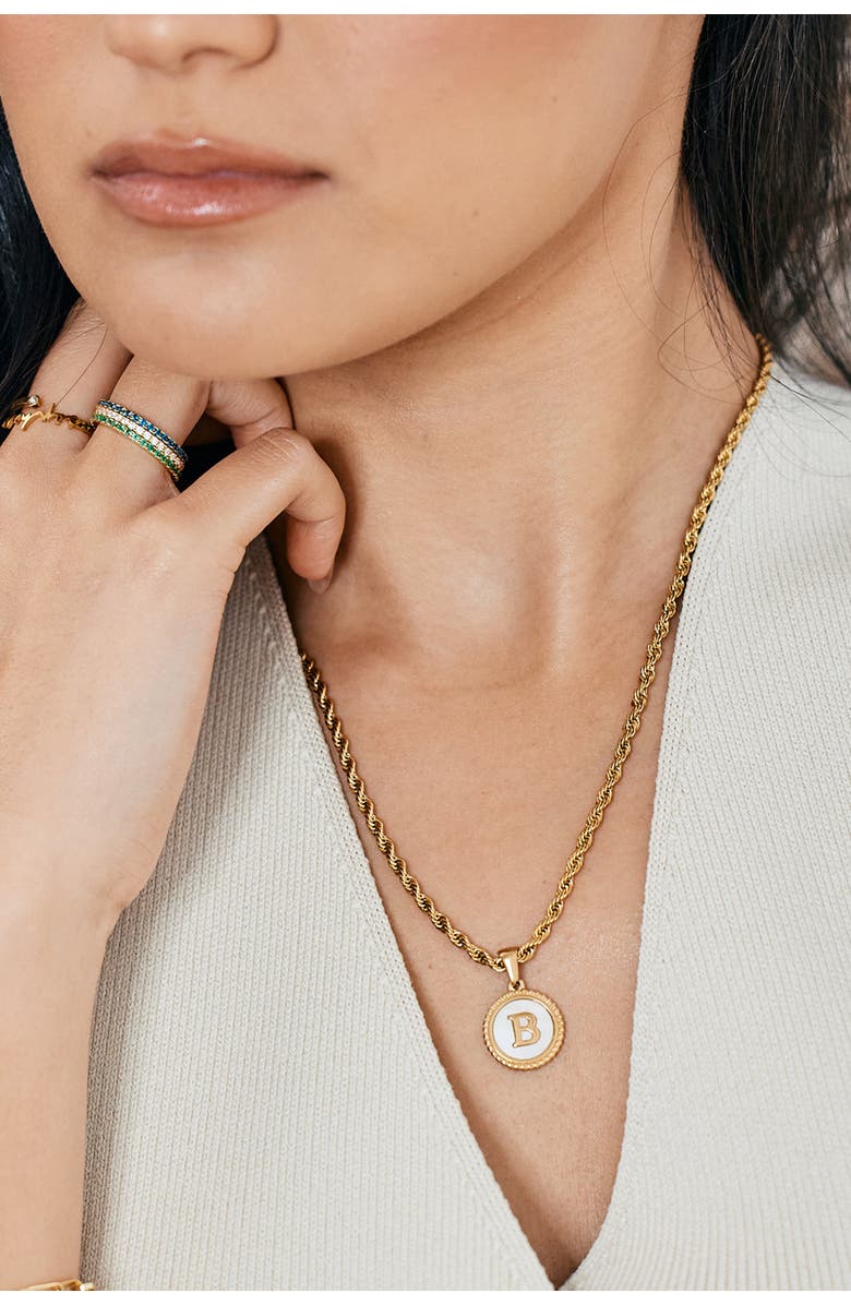 Mint & Lily Mother of Pearl Disc Letter with Rope Chain Necklace, Alternate, color, Letter V