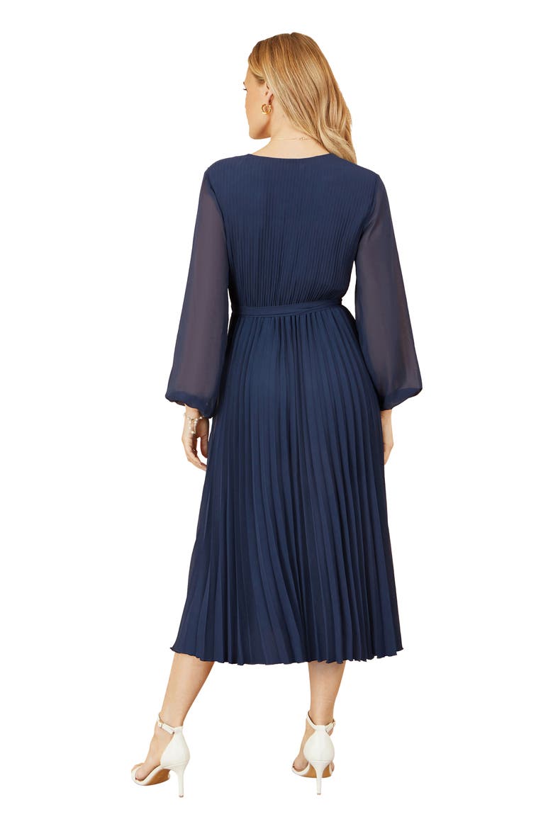 Long Sleeved Pleated Midi Wrap Dress, Alternate, color, Navy