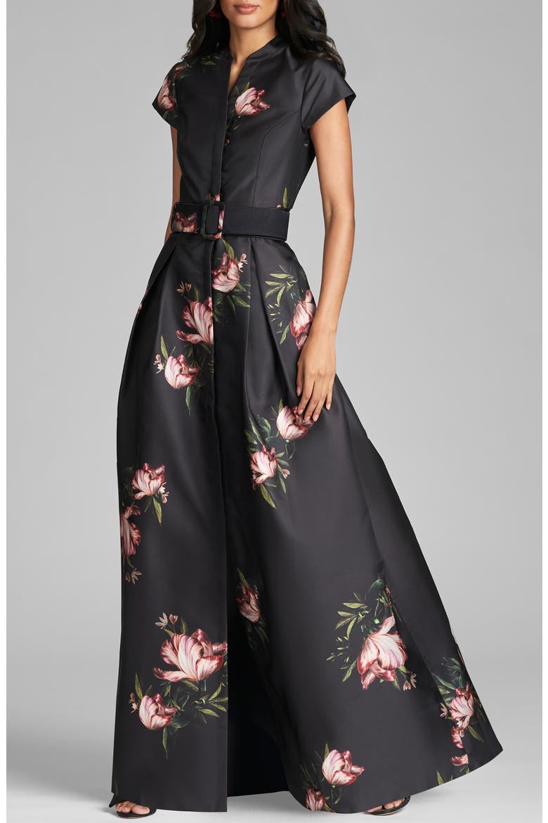 Marta Floral Print Belted Satin Gown, Main, color, NOIR BLOSSOM