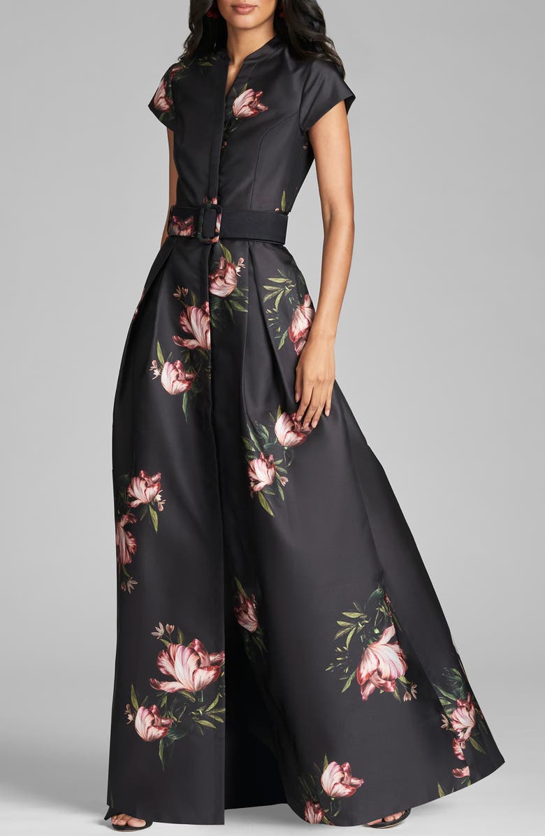 Sachin & Babi Marta Floral Print Belted Satin Gown, Main, color, Noir Blossom