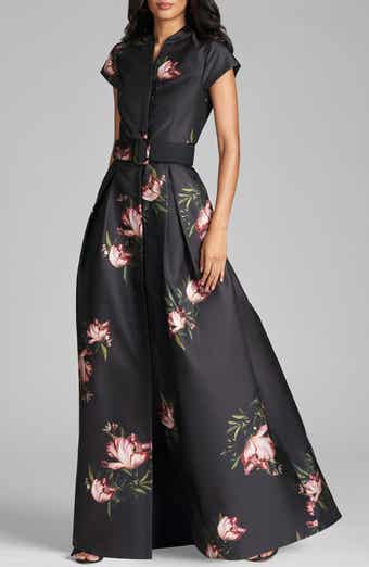 Marta Floral Print Belted Satin Gown