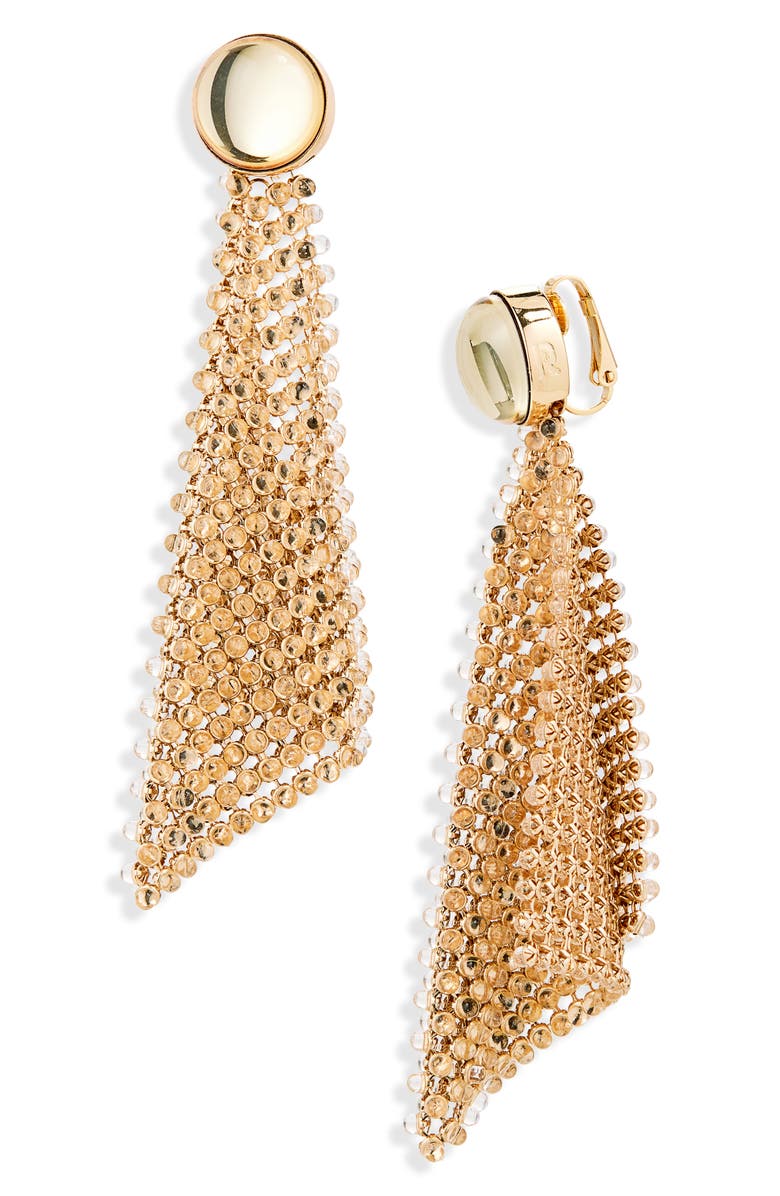 Rabanne Crystal Mesh Clip-On Drop Earrings, Main, color, Gold / Transparent