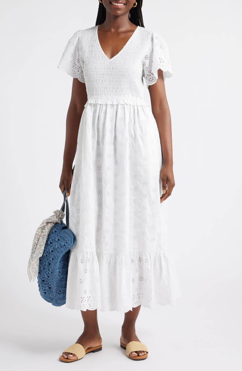 Caslon<sup>®</sup> Eyelet Smocked Flutter Sleeve Maxi Dress, Alternate, color, White