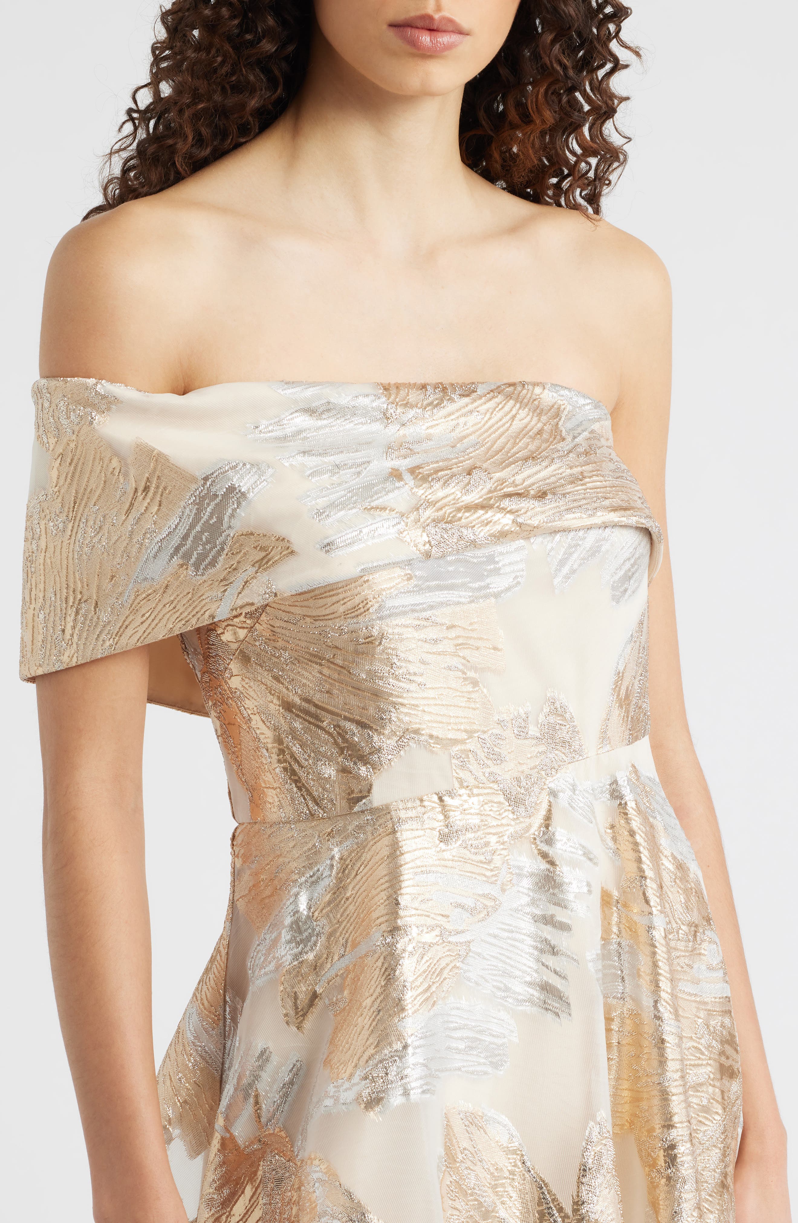 eliza j off the shoulder metallic dress Eliza J Petite Metallic One-Shoulder Gown