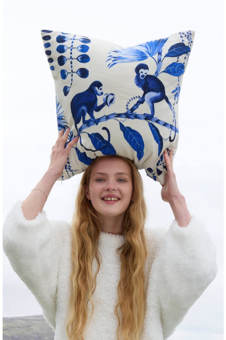 Blue Monkeys Big Throw Pillow, Alternate, color, OFF WHITE