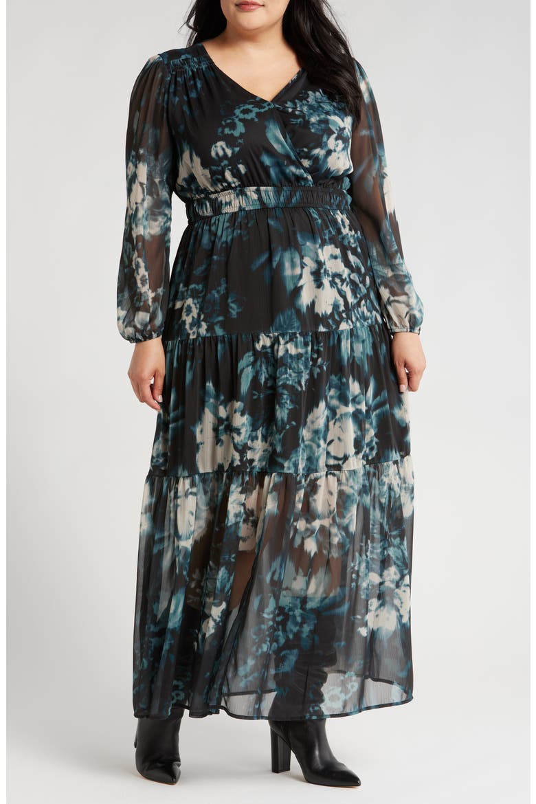 Tiered Long Sleeve Chiffon Dress, Main, color, BLACK- TEAL BLURRED FLORAL